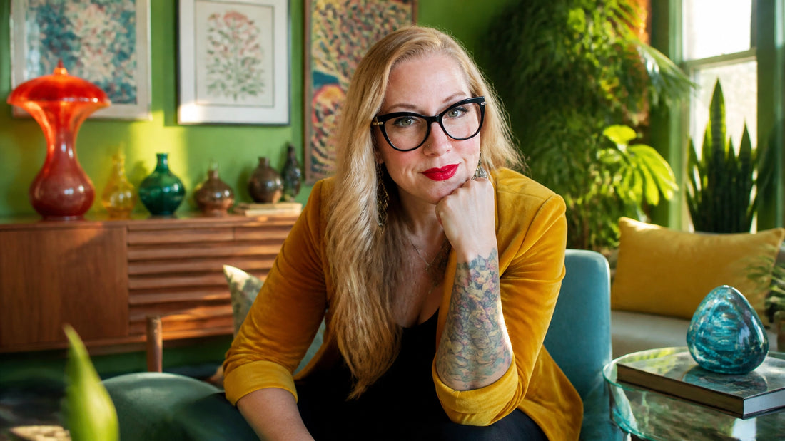 Sherry Martin in a genuinely photorealistic luminary-style scene in her vibrant mid-century-modern home, pensive in warm dayl