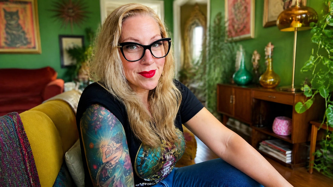 Sherry Martin in a fresh photorealistic around-the-house moment in her vibrant maximalist mid-century-modern home, wearing gl