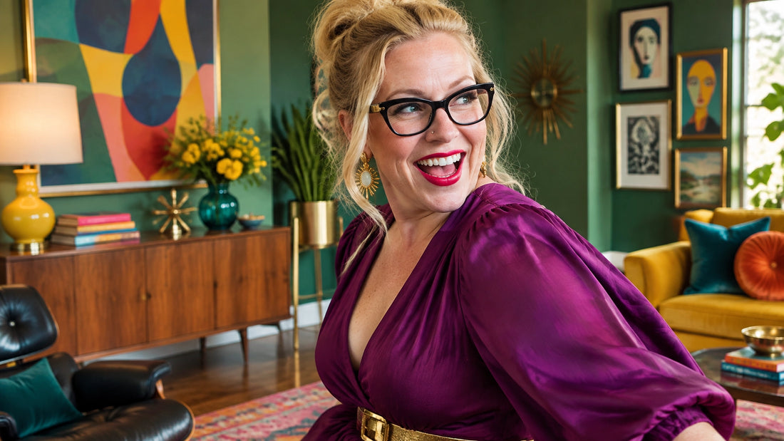 Sherry Martin journaling thoughtfully at a colorful mid-century-modern writing desk