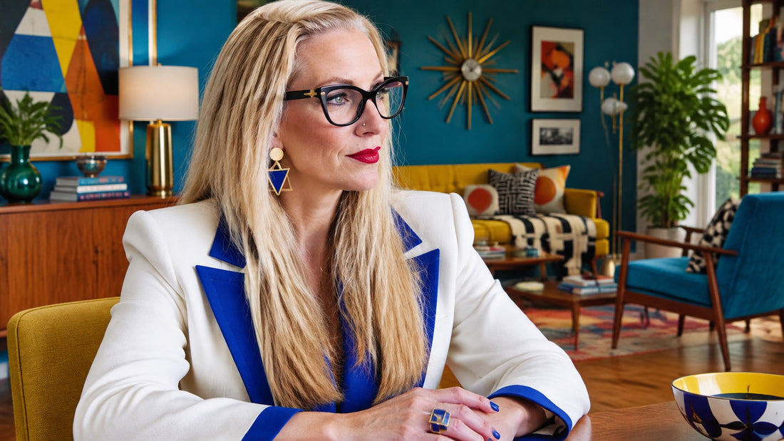 Sherry Martin seated at a table in side profile in her vibrant maximalist mid-century-modern home wearing an optic white stru
