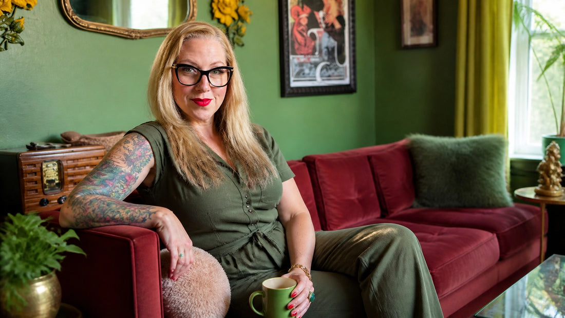 Sherry Martin in a clean, photorealistic around-the-house moment with glasses, blonde hair, a relaxed everyday expression, an