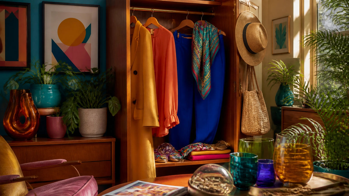A colorful open wardrobe in a vibrant mid-century-modern home, filled with clothing, plants, art, and glass objects