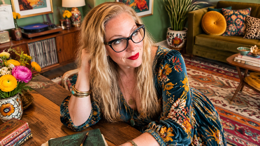 Sherry Martin leaning over a vintage writing table in her vibrant mid-century-modern home, styled in an artistic Storyteller 