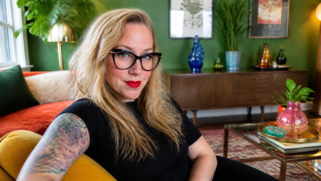 Sherry Martin in a fresh photorealistic luminary-style moment in her vibrant mid-century-modern home, observant and elegant i