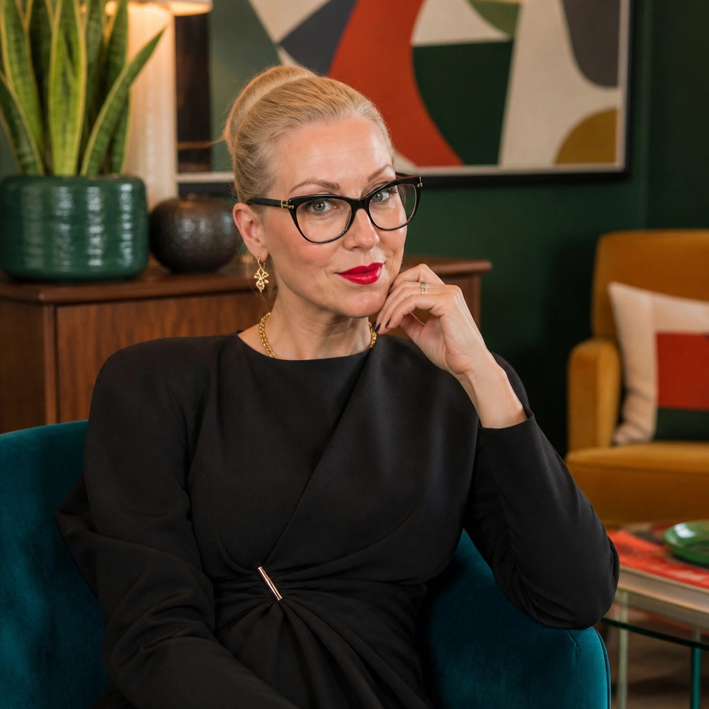 Sherry Martin standing beside a vintage mirror in a colorful mid-century-modern living room
