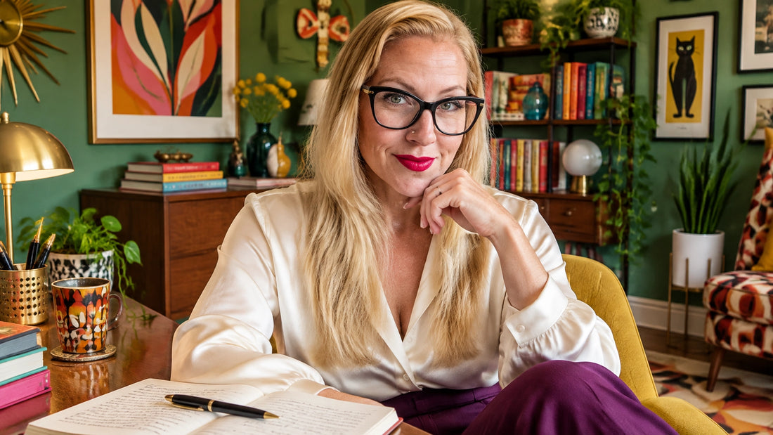 Sherry Martin journaling at a stylish desk in her vibrant mid-century-modern home wearing an ivory satin blouse and plum trou