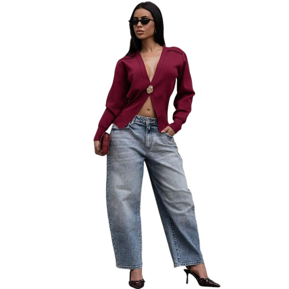 Women's Loose Wool Sweater, Sexy Deep V-Neck Metal Button Cardigan Sweater