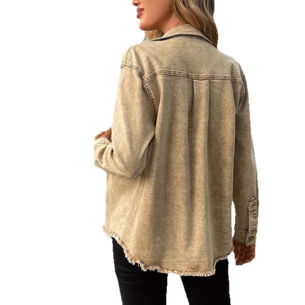 Casual Loose Slim-Fitting High-Elastic Long Sleeve British-Style Cargo Pocket Oversized Denim Shirt in Khaki