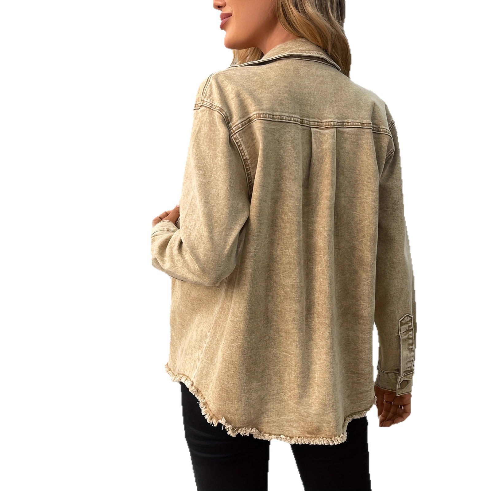 Casual Loose Slim-Fitting High-Elastic Long Sleeve British-Style Cargo Pocket Oversized Denim Shirt in Khaki