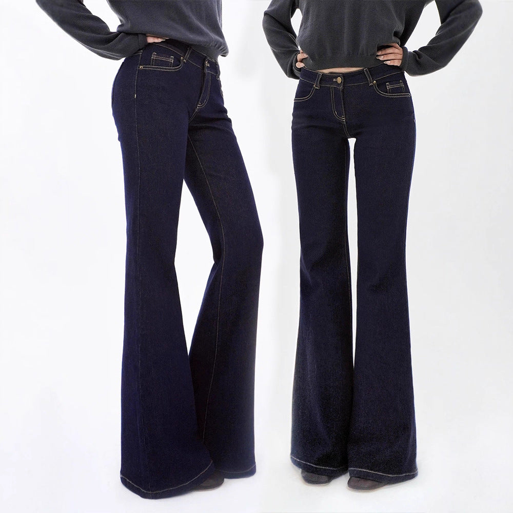 Low-Waist Original Color Straight Leg Flared Denim Jeans with Stretch,  Waist-Defining Long Pants for Women