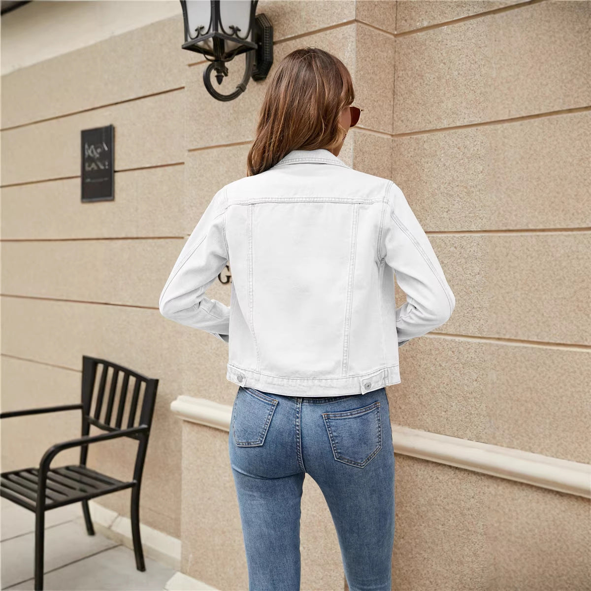 Fashionable slim fit female pilot jacket with collar, denim solid color pocket, versatile jacket