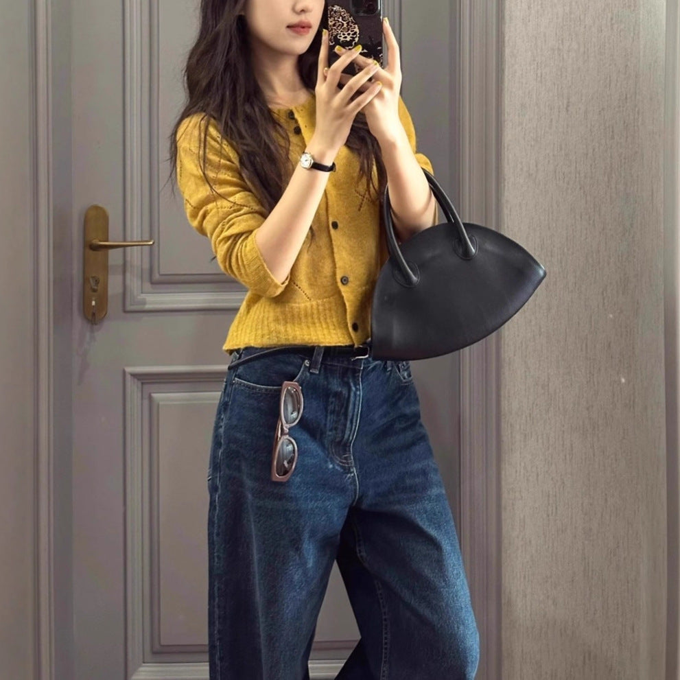 Stylish Yellow Long Sleeve Knit Cardigan for Women Short Outerwear Top