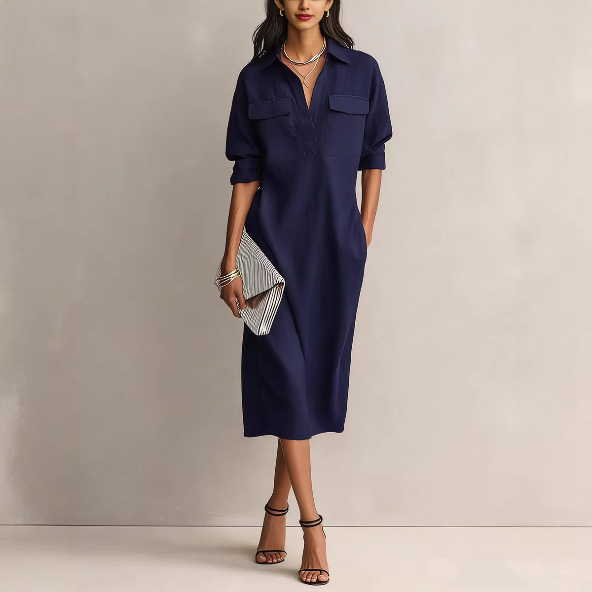 Elegant and Sophisticated Office Casual Fashion Fitted Comfortable Solid Color Mid-Length Dress