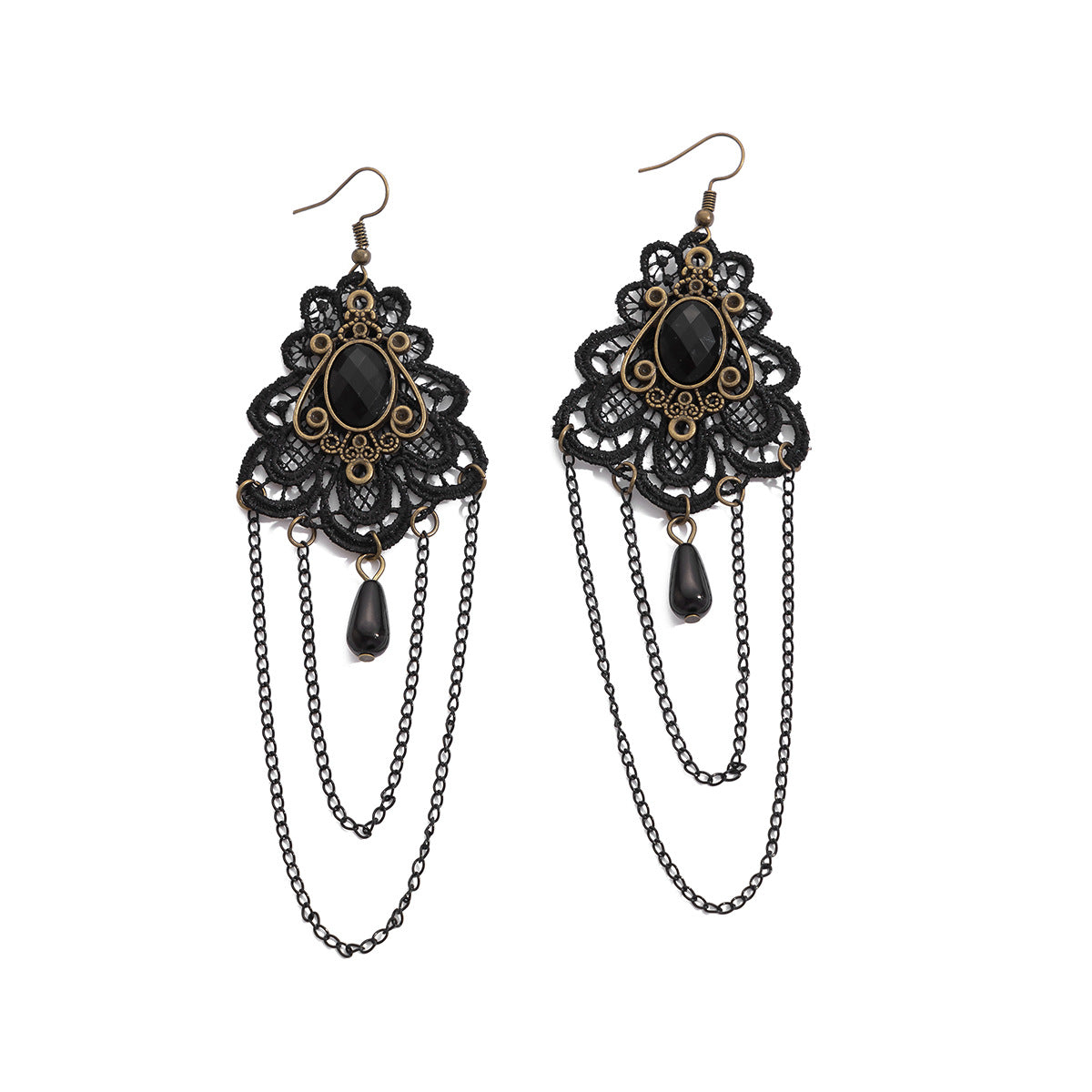 Fashionable lace special dense chain tassel earrings with high-end feel, black teardrop shaped crystal studs