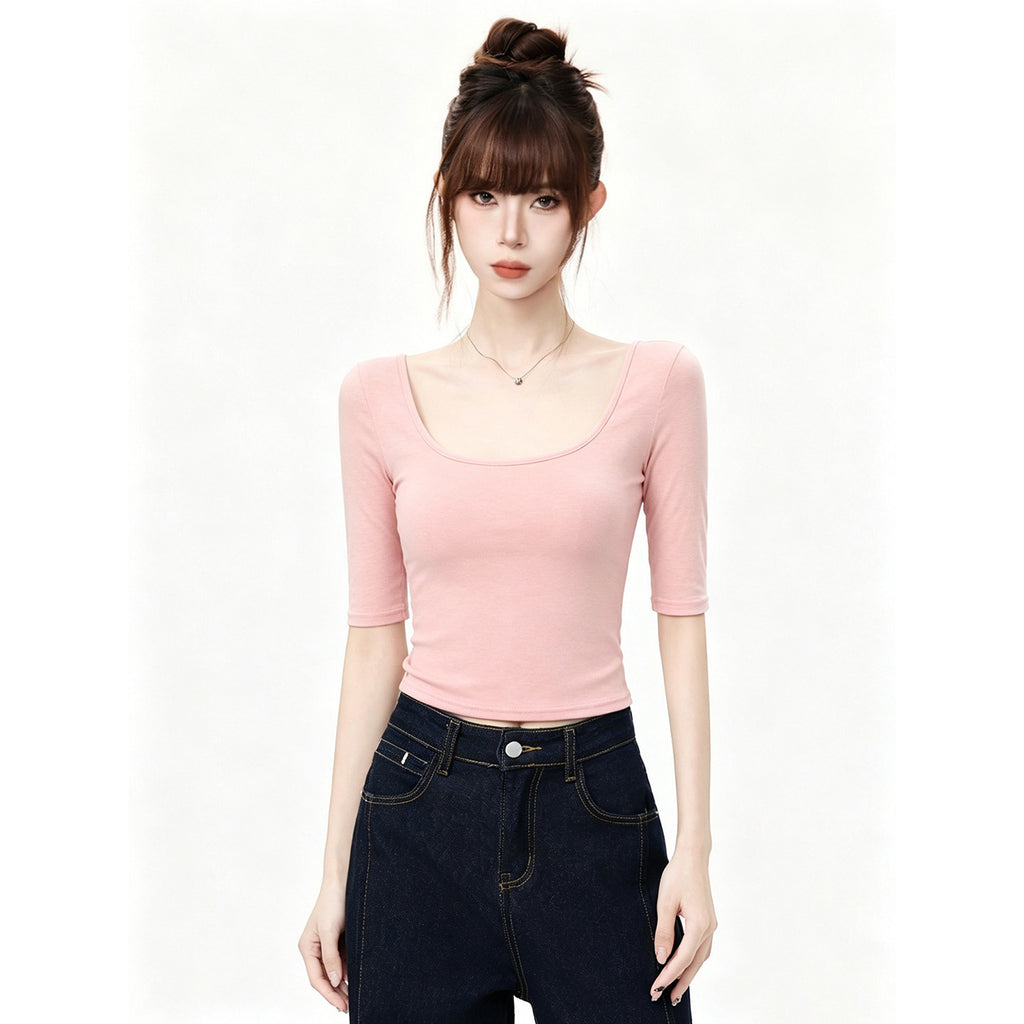 White Deep U-Neck Slim-Fitting Versatile Mid-Sleeve T-Shirt for Women, Fitted Shoulder Top