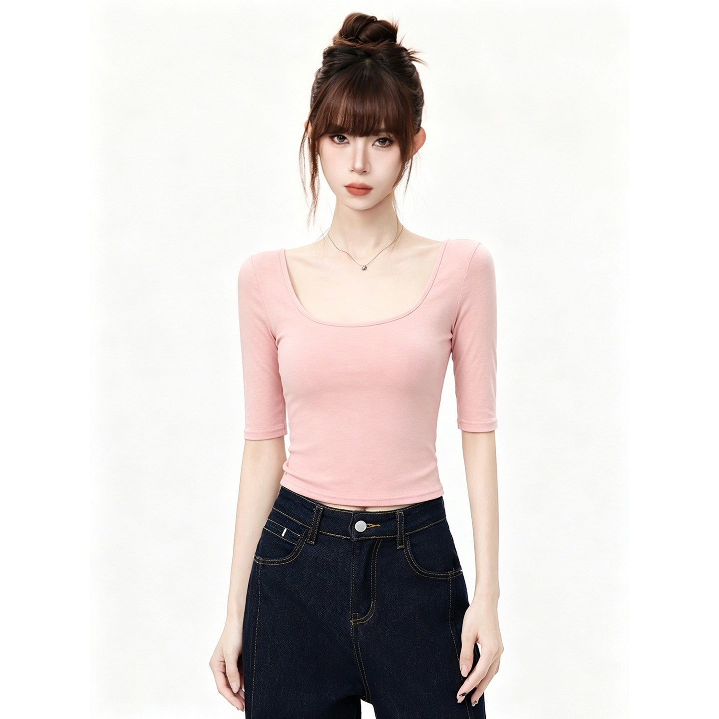 White Deep U-Neck Slim-Fitting Versatile Mid-Sleeve T-Shirt for Women, Fitted Shoulder Top