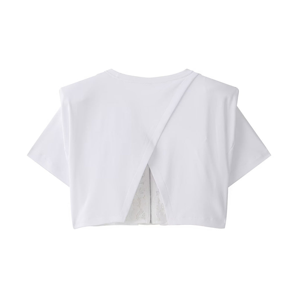 Lace waist cinching patchwork fake two piece short sleeved T-shirt