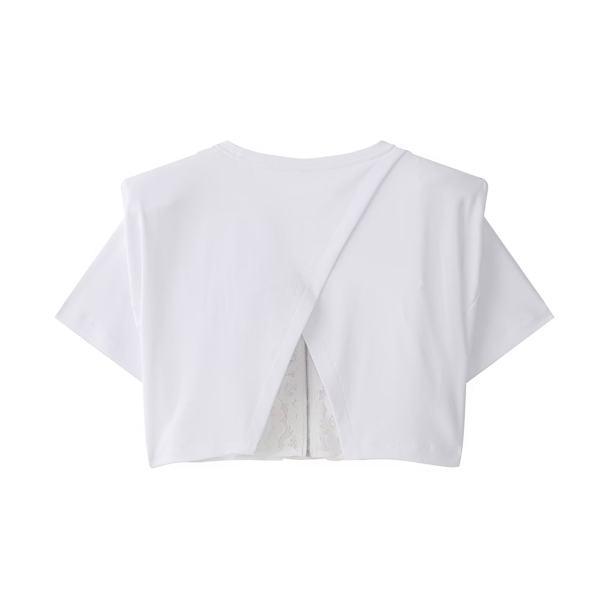 Lace waist cinching patchwork fake two piece short sleeved T-shirt
