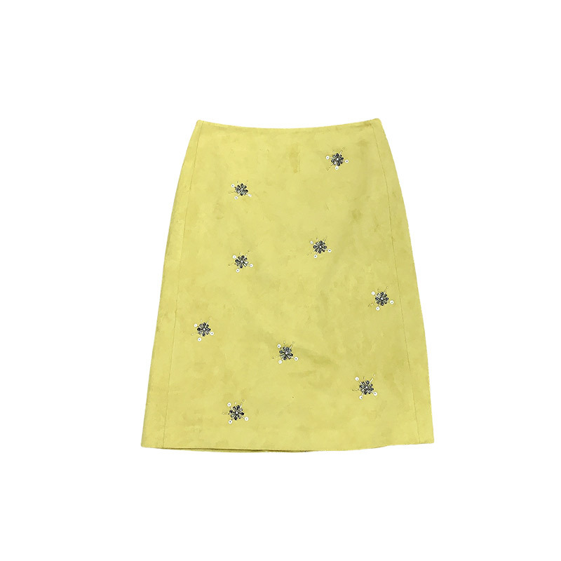 Sagestu Green Lemon Suede Firework Handmade Beaded Skirt High Waist Autumn Winter Vintage Midi Skirt