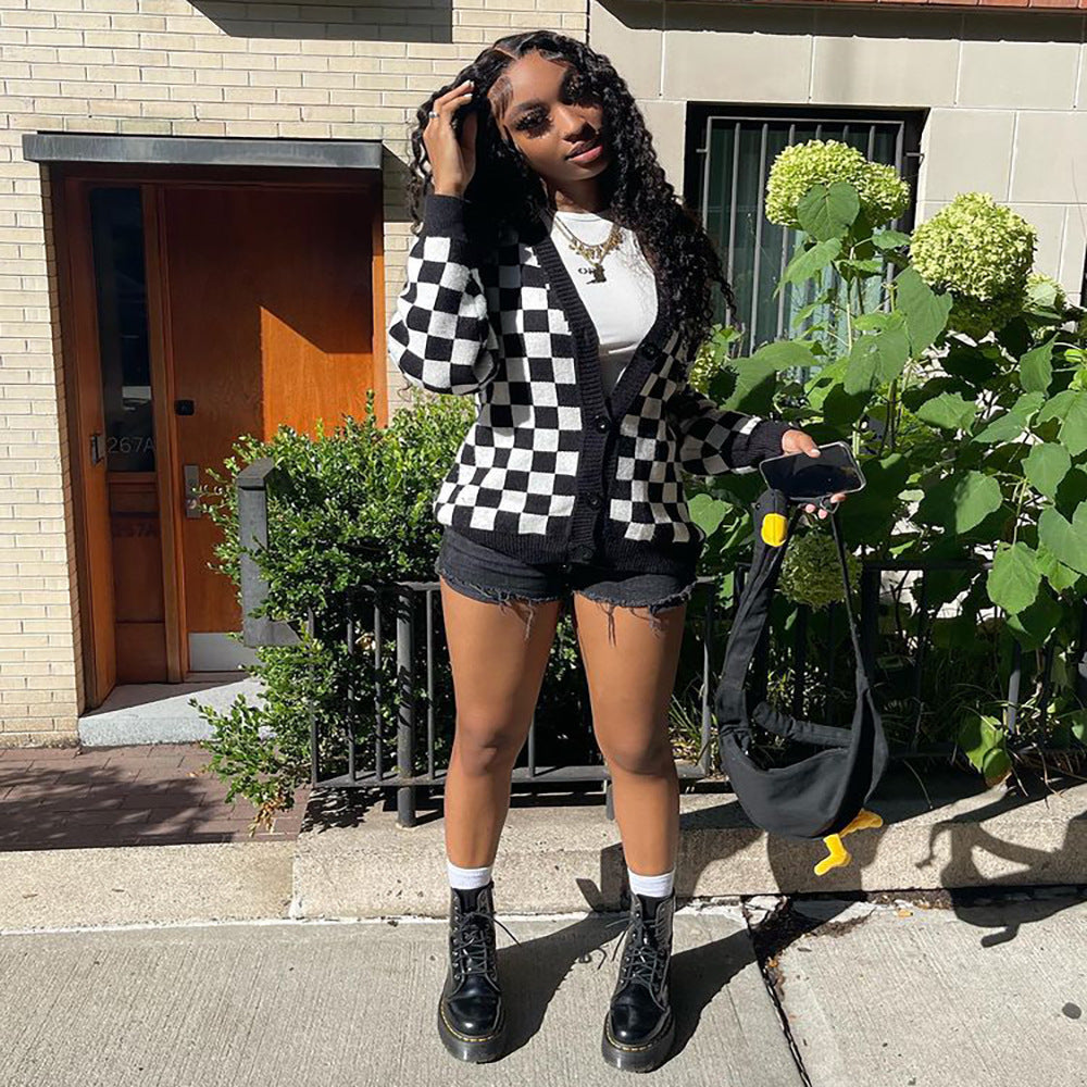 Style Checkered Long Sleeve Open Front Cardigan Women's Top