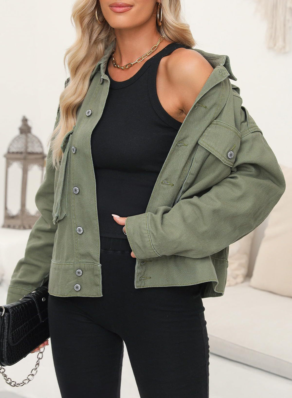 Retro Khaki Denim Short Jacket Loose Fit Long Sleeve Capless Denim Jacket for Women