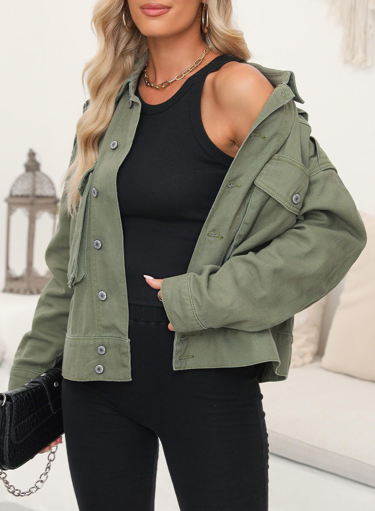 Retro Khaki Denim Short Jacket Loose Fit Long Sleeve Capless Denim Jacket for Women