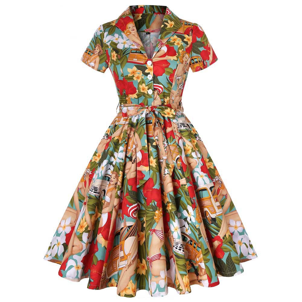 vintage Hepburn-style, turn-down collar, open front, short sleeve, fresh print, tie waist, flared dress, cotton with belt, literary and artistic