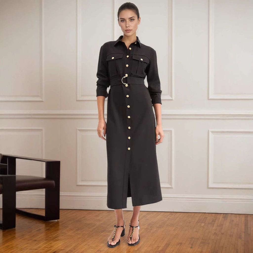 Single row metal button shirt style dress