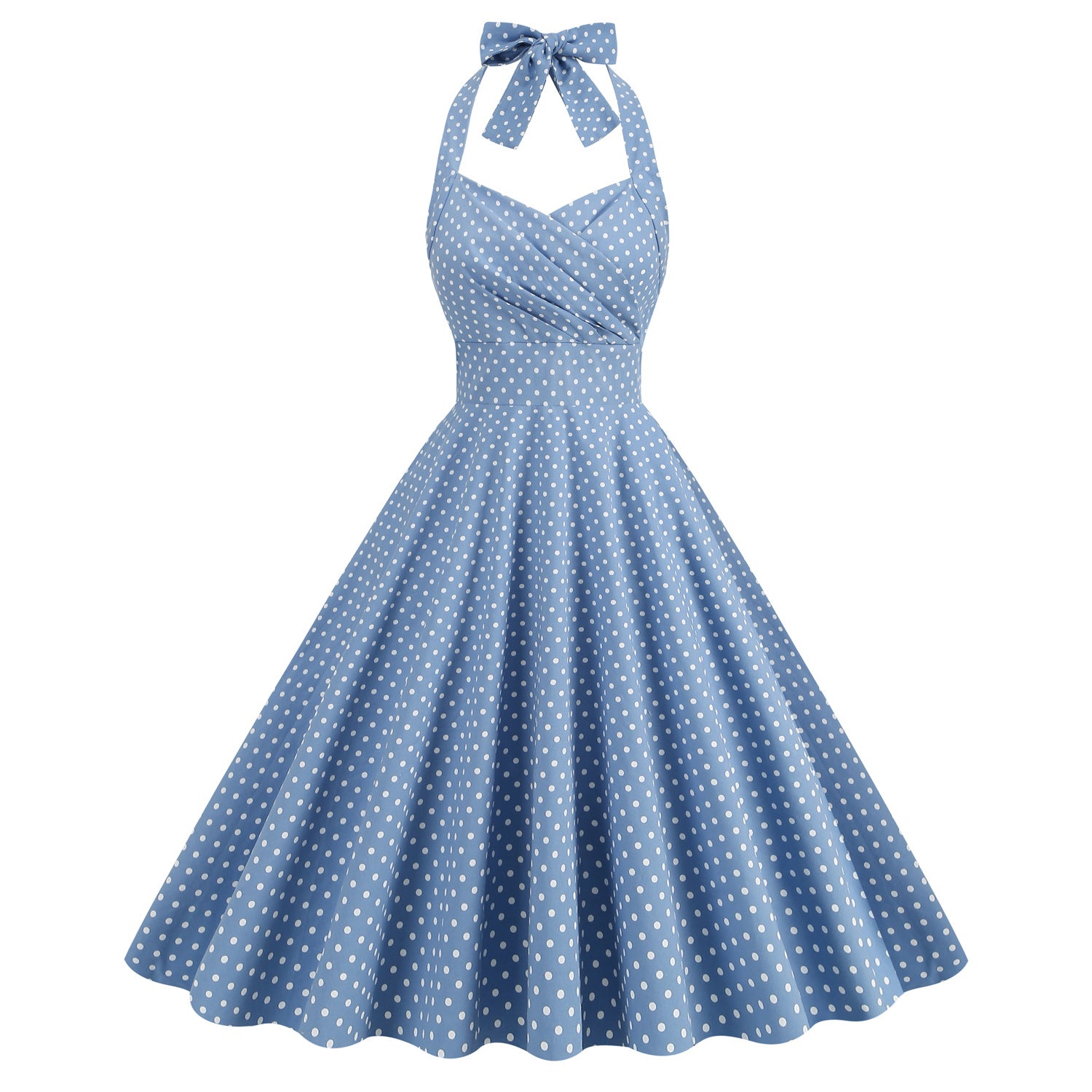 Hepburn Style Vintage Short Sleeve Color-block Polka Dot Halter High Waist Performance Dress with Tie-up for Photos, Bridesmaid, Picnic