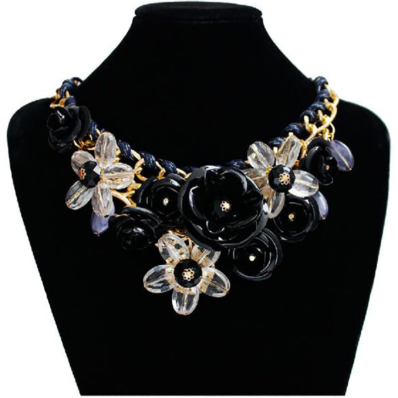 Colorful flower gemstone pendant rope braided necklace short clavicle exaggerated women's accessories necklace