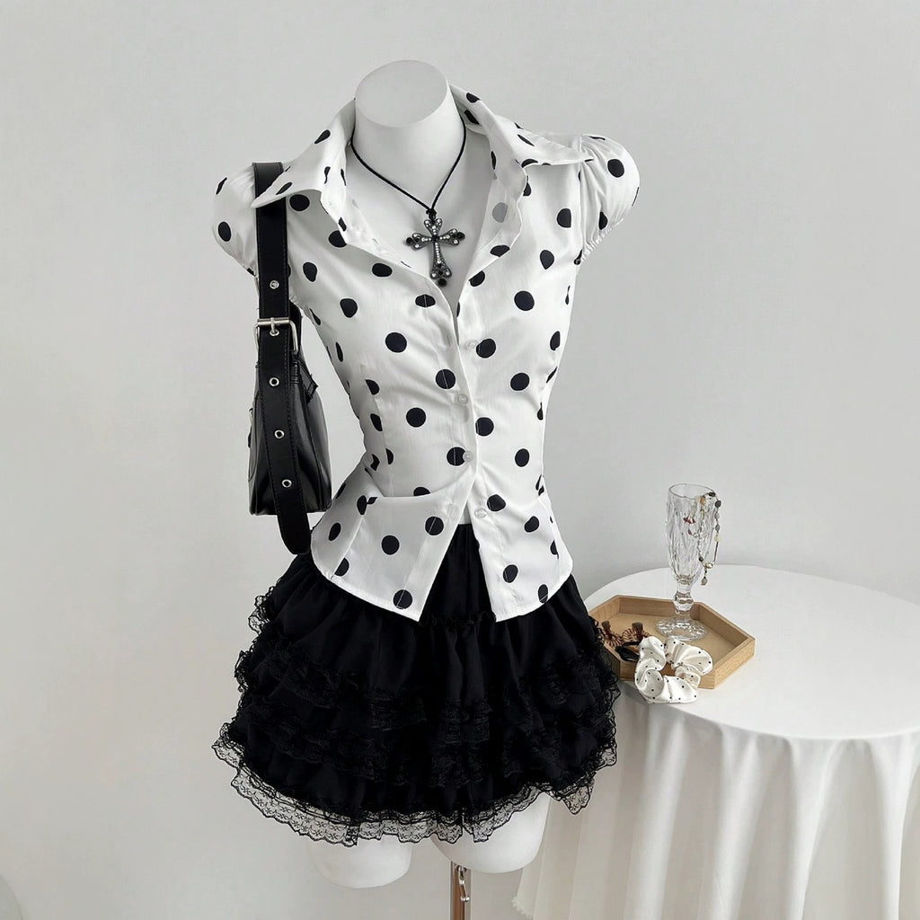 Polka dot printed lace up waist cinching short sleeved women's shirt