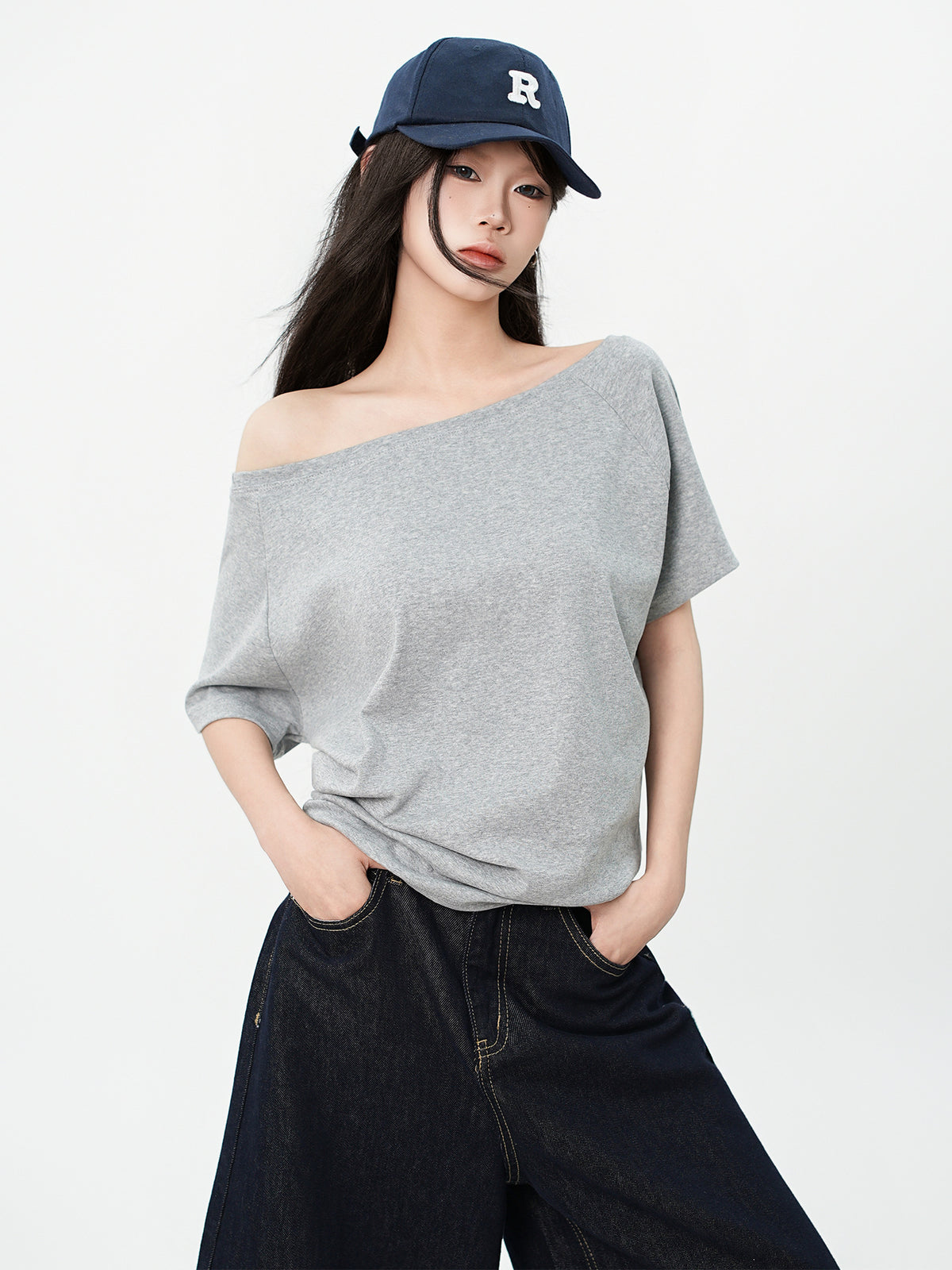 One-Shoulder Asymmetrical Design Short Sleeve T-Shirt Loose Relaxed Style Top