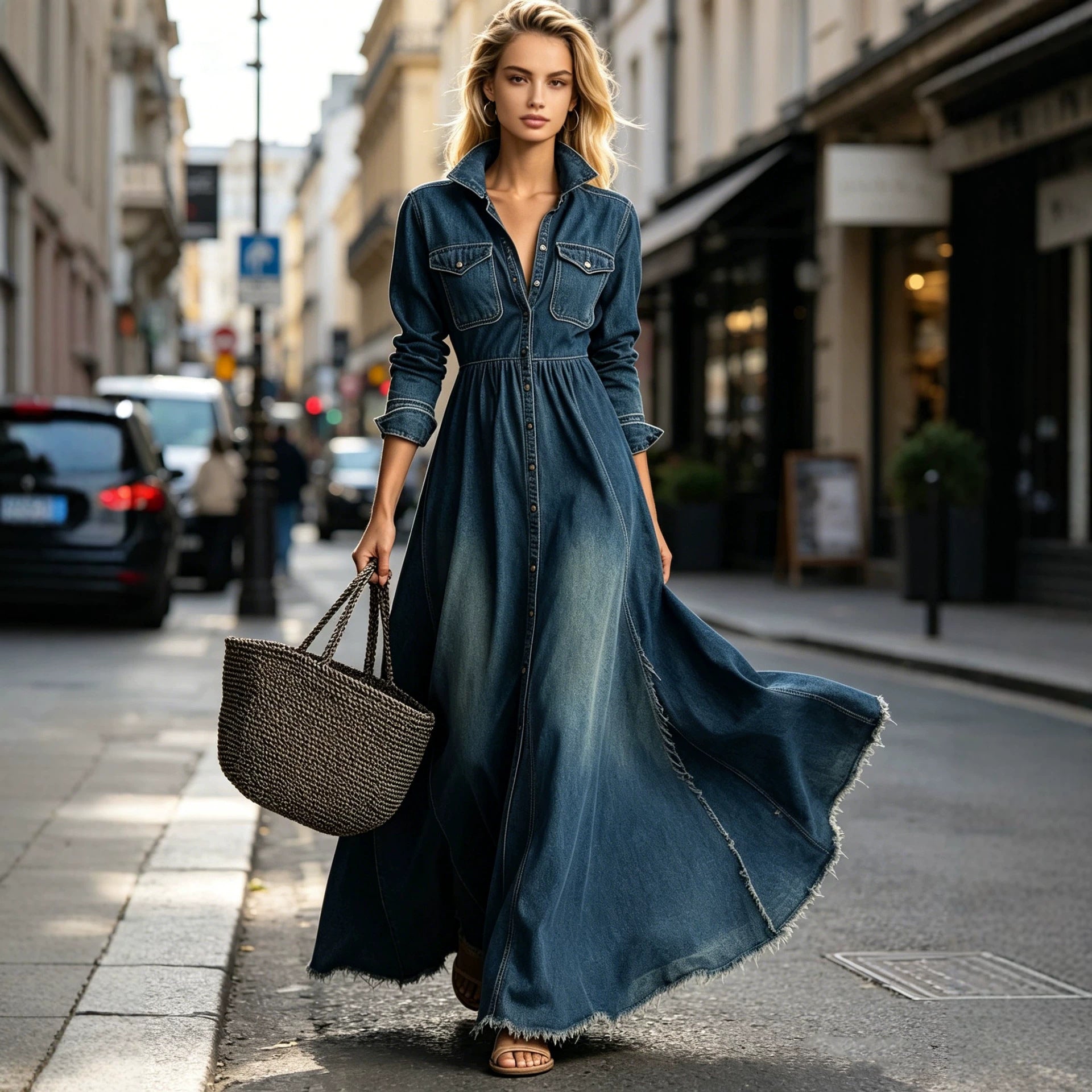 Style Retro Elegant Fitted Long Sleeve Denim Dress with Flared Skirt
