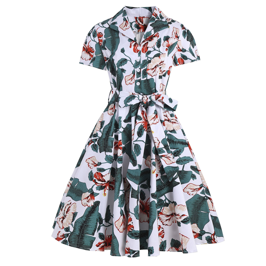 vintage Hepburn-style, turn-down collar, open front, short sleeve, fresh print, tie waist, flared dress, cotton with belt, literary and artistic