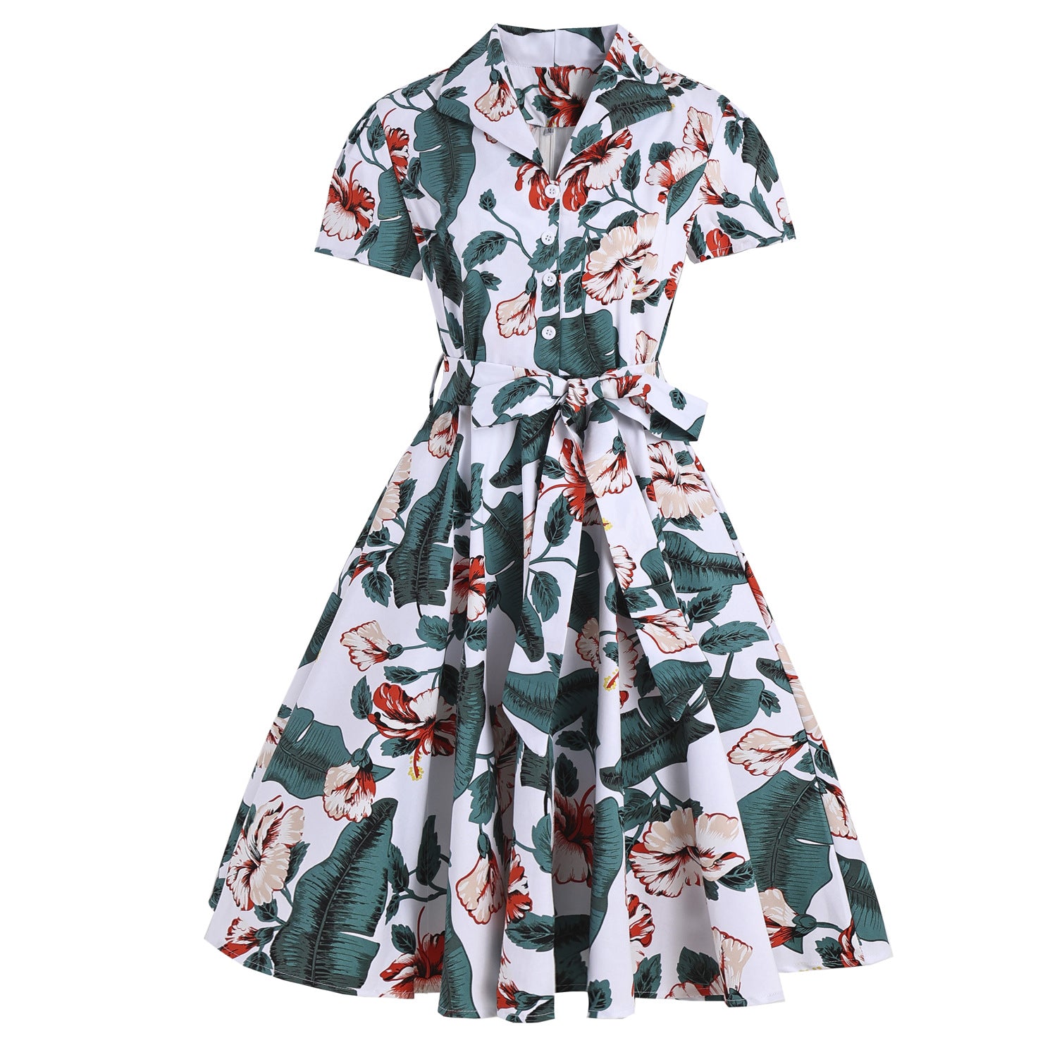 vintage Hepburn-style, turn-down collar, open front, short sleeve, fresh print, tie waist, flared dress, cotton with belt, literary and artistic