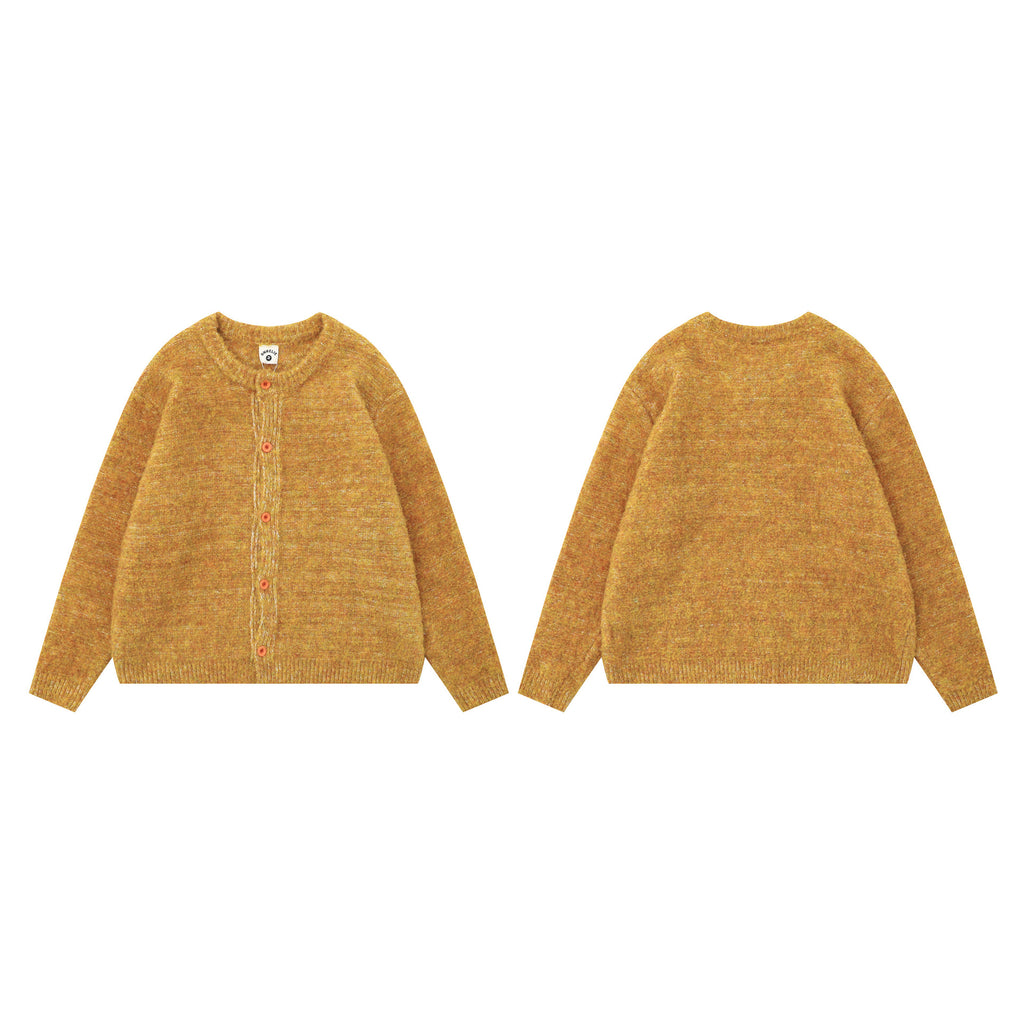 Retro loose yellow round neck sweater jacket for women