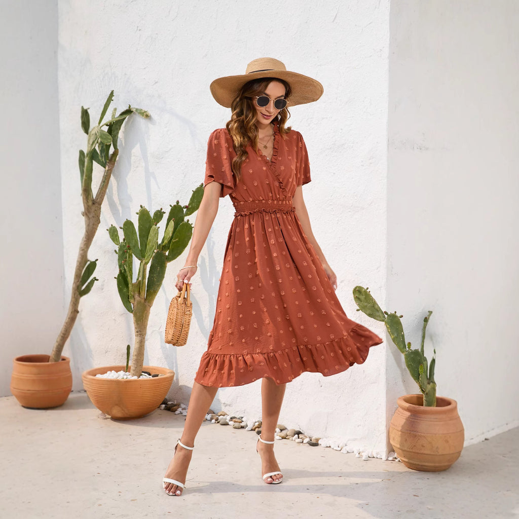 V-neck high waisted tied dress