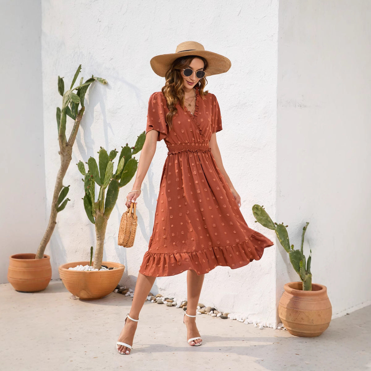 V-neck high waisted tied dress