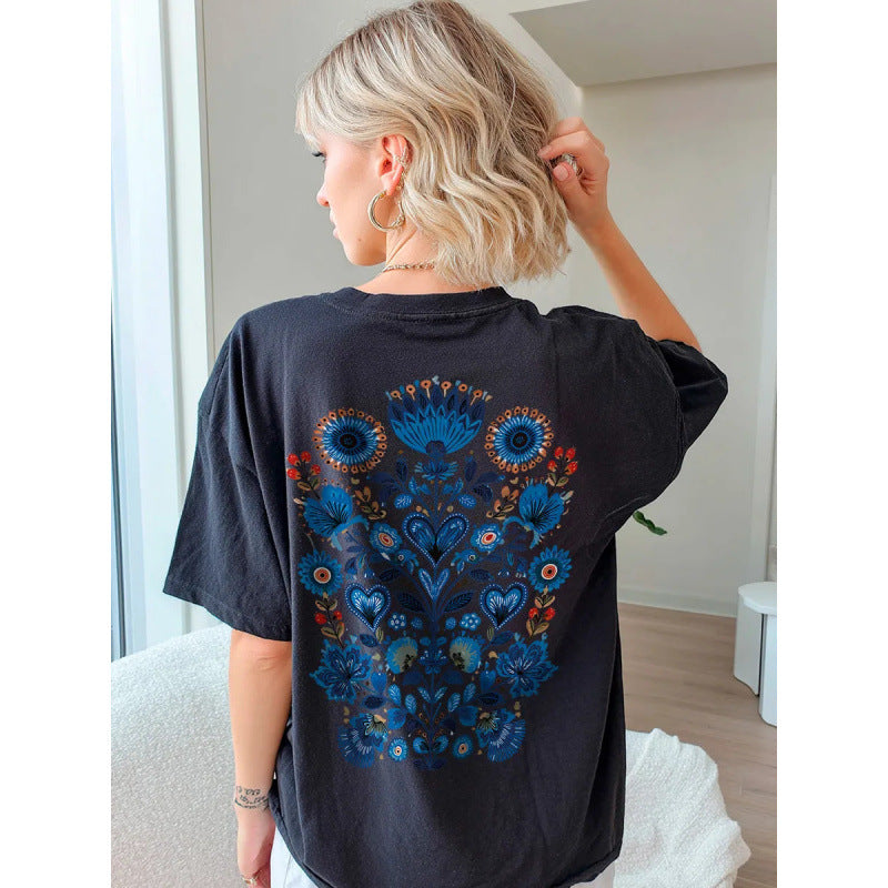 Short sleeved round neck loose top for women
