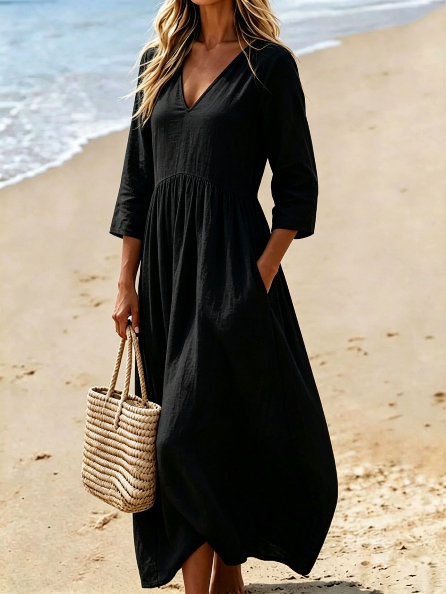 Solid color V-neck dress for women