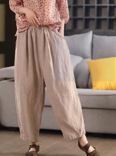 Summer New Heavy Sand-Washed Linen Vintage Color Loose Trousers Slim Literary Flare Pants Harem Pants
