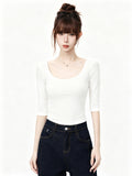 White Deep U-Neck Slim-Fitting Versatile Mid-Sleeve T-Shirt for Women, Fitted Shoulder Top