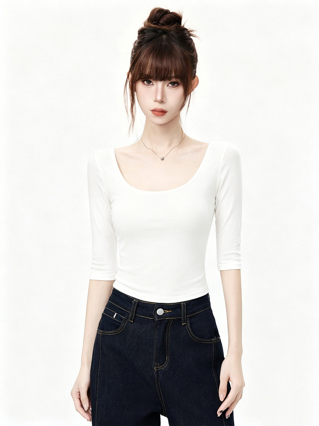 White Deep U-Neck Slim-Fitting Versatile Mid-Sleeve T-Shirt for Women, Fitted Shoulder Top