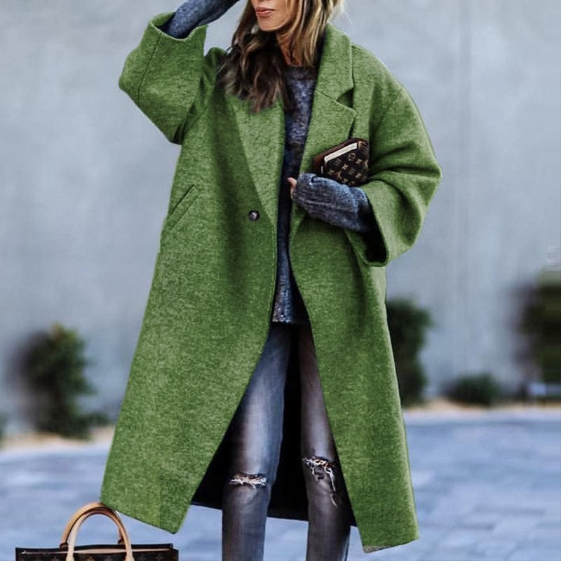 Autumn Long Sleeve Notched Lapel Printed Woolen Trench Coat for Women