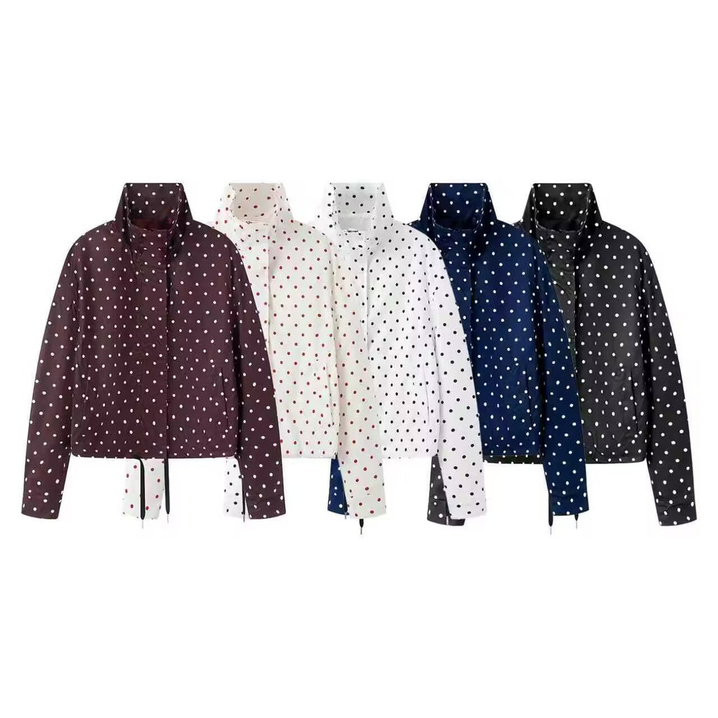 Chic Dot Print Bubble Sleeve Stand Collar Jacket for Women