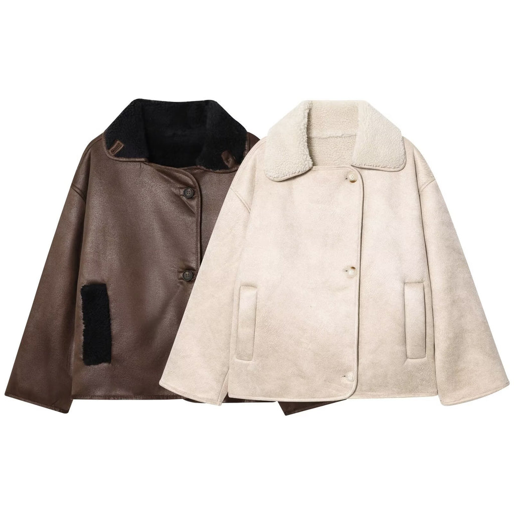 Fur integrated double-sided jacket for women