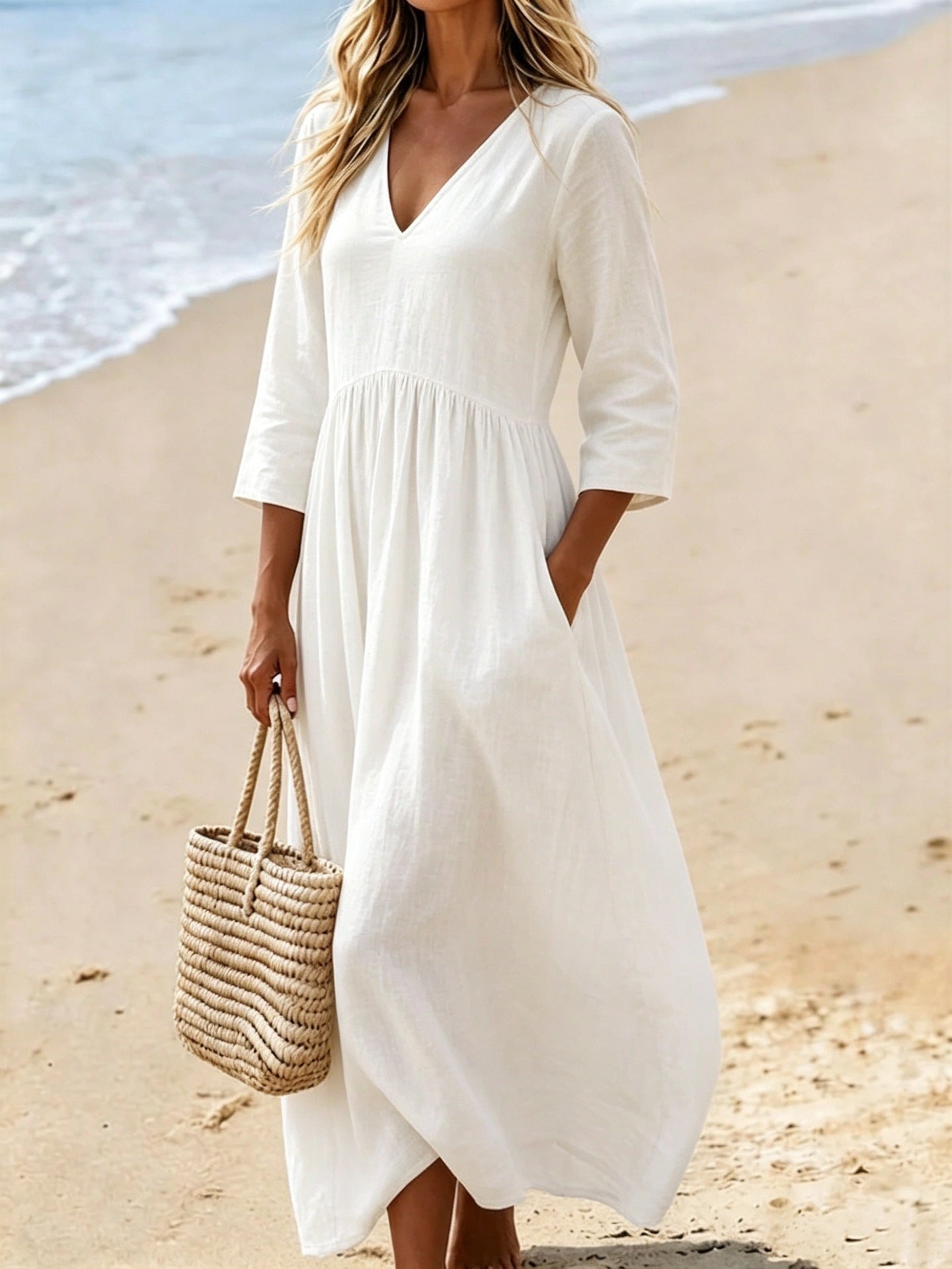 Solid color V-neck dress for women