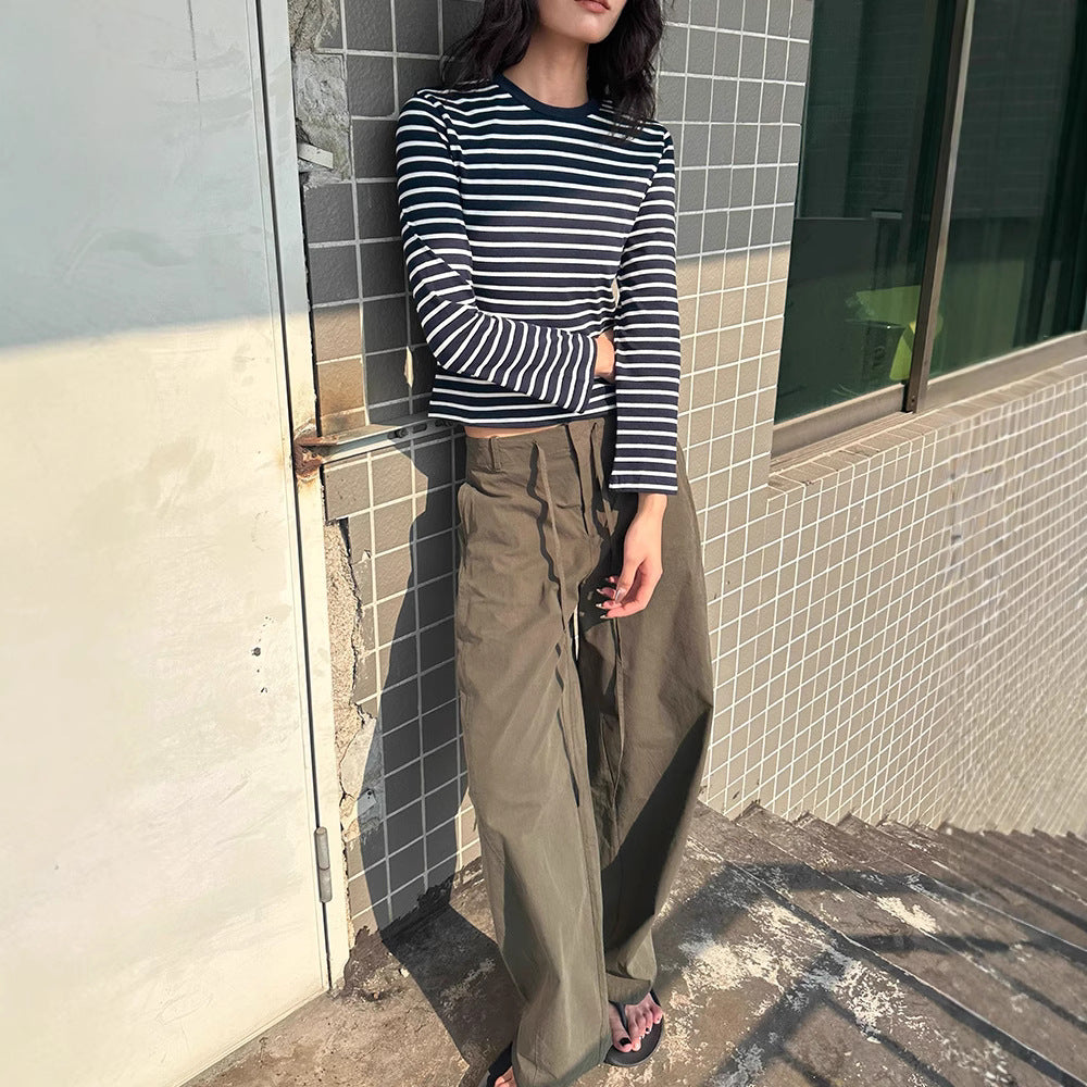 Knife-Style Casual Pants, Medium-Low Waist, Loose Straight Leg, Slimming Drawstring Cargo Trousers