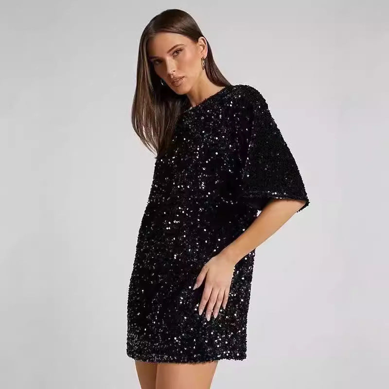 Chic Shoulder Strap Beaded Dress Women's Mid-Length Cocktail Dress