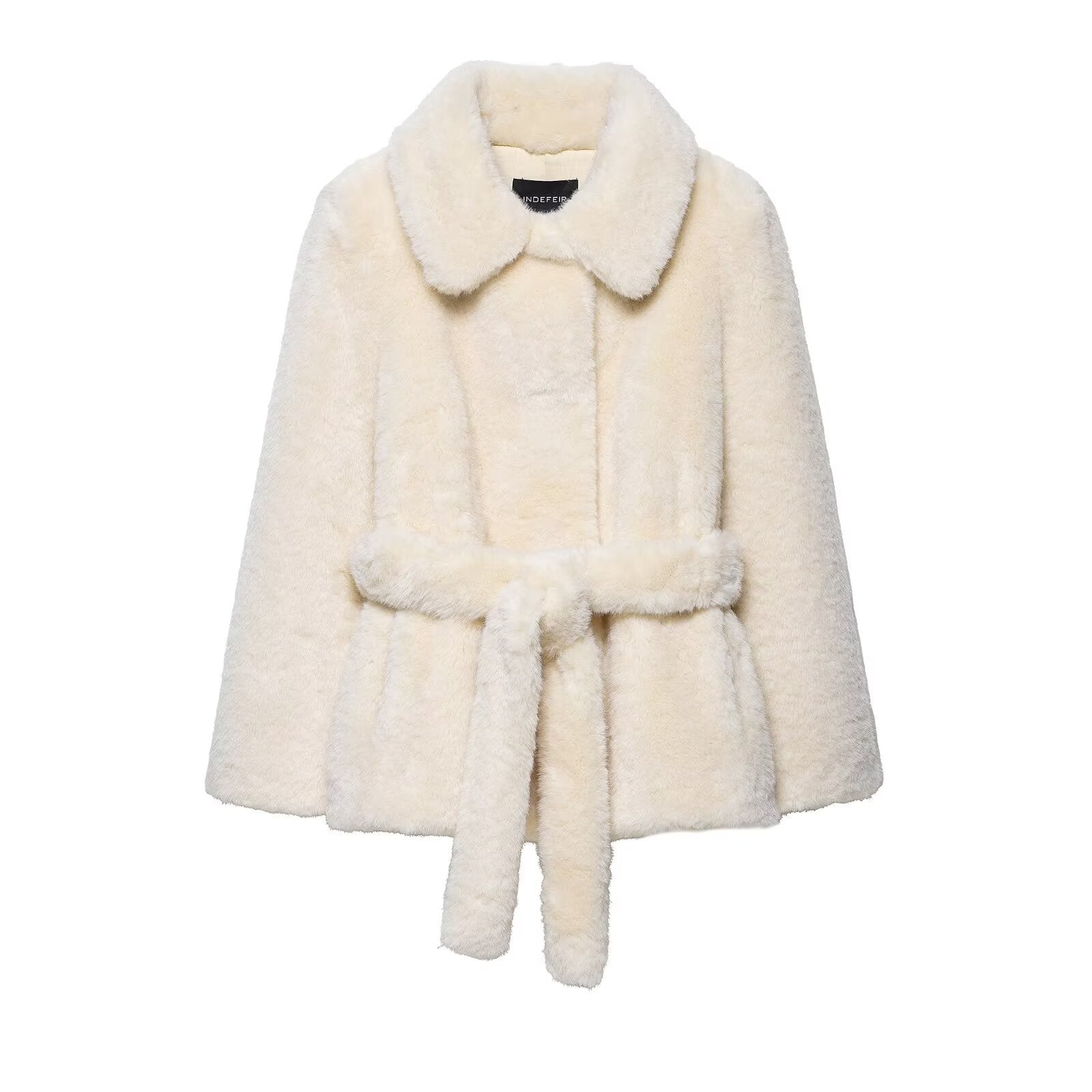 Women's clothing with waistband faux fur effect coat